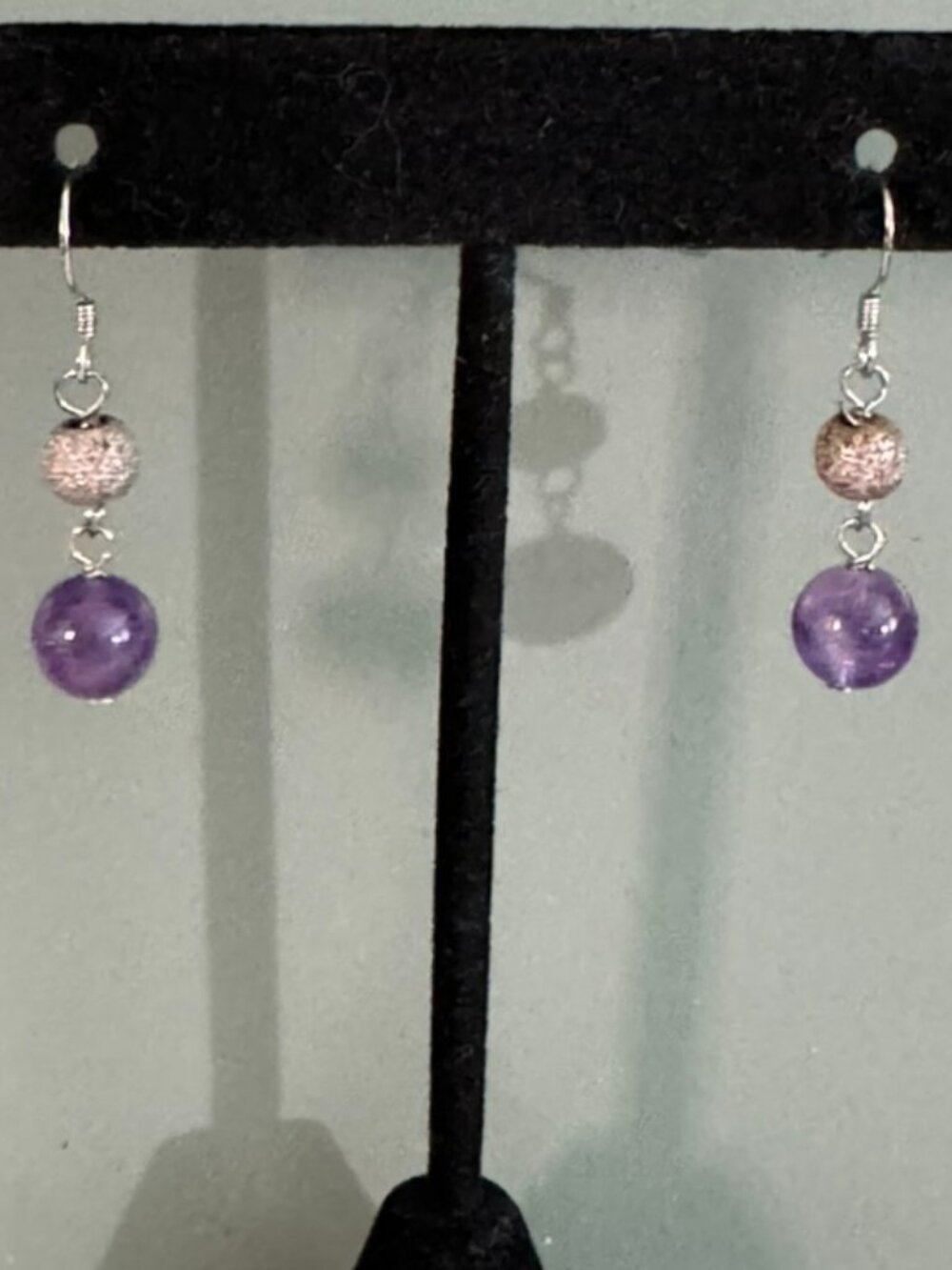 Vtg Amethyst and Silver Ball Dangle Wire Earrings 1" Long  Ex Cond